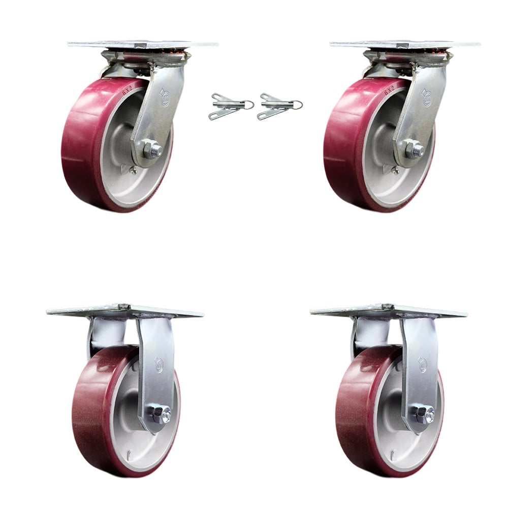 Heavy Duty Large Top Plate Polyurethane on Aluminum Swivel Caster with 6 x 2 in. Maroon Wheels - 4800 lbs Total Capacity - Set of 4