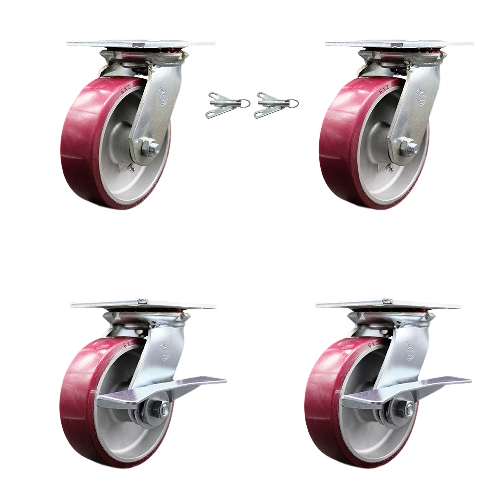 Heavy Duty Large Top Plate Polyurethane on Aluminum Swivel Caster with 6 x 2 in. Maroon Wheels - 4800 lbs Capacity - Set of 4