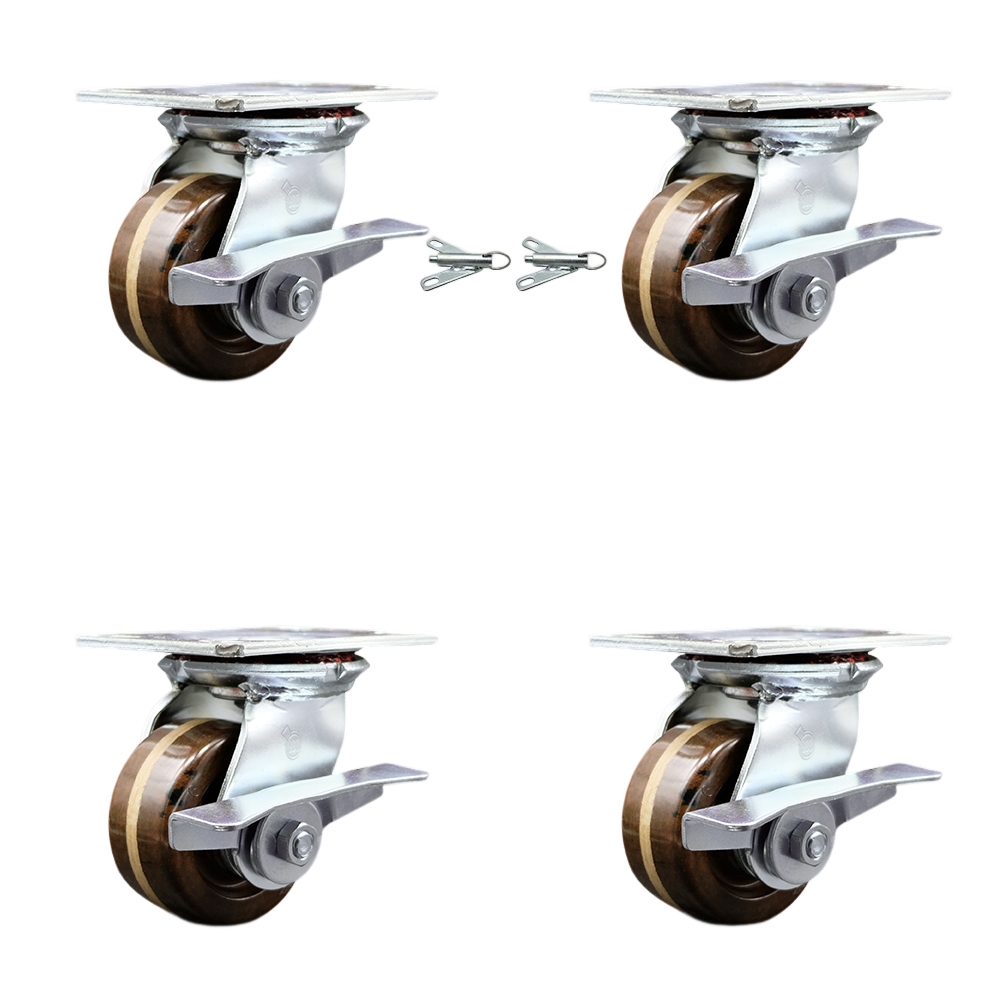 Heavy Duty Large Top Plate High Temperature Phenolic Swivel Caster with 4 x 2 in. Brown Wheels - 3200 lbs Capacity - Set of 4