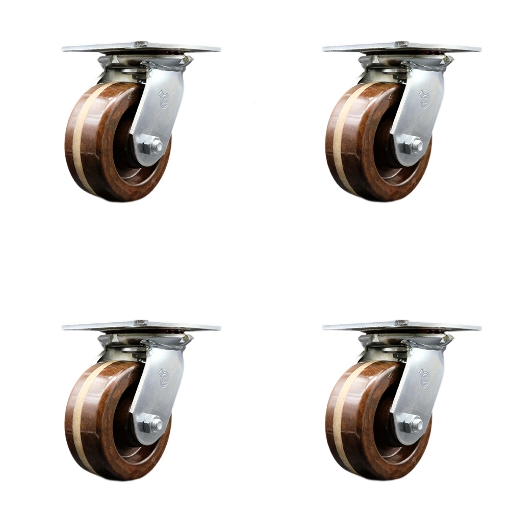 Heavy Duty Large Top Plate High Temperature Phenolic Swivel Caster with 5 x 2 in. Brown Wheels - 4000 lbs Total Capacity - Set of 4