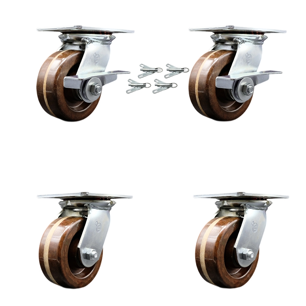 Heavy Duty Large Top Plate High Temperature Phenolic Swivel Caster with 5 x 2 in. Brown Wheels - 4000 lbs Capacity - Set of 4