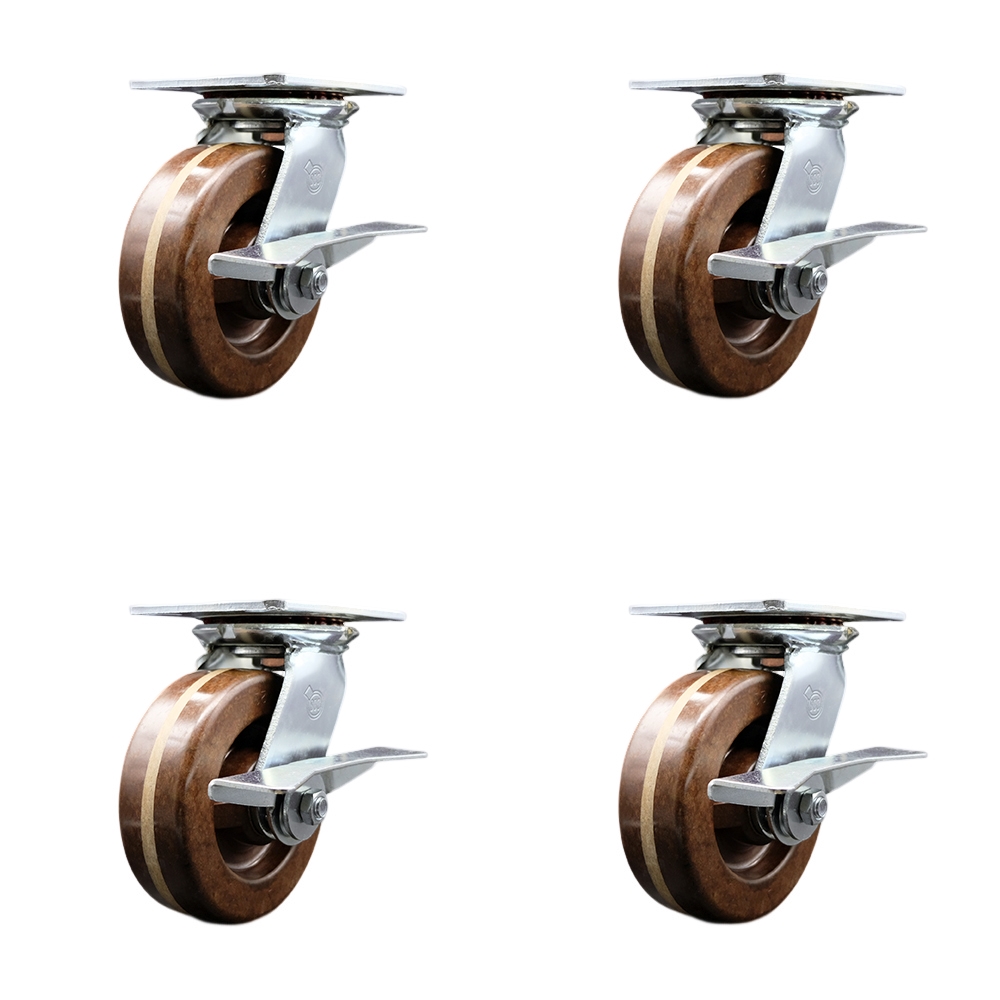 Heavy Duty Large Top Plate High Temperature Phenolic Swivel Caster with 6 x 2 in. Brown Wheels - 4800 lbs Total Capacity - Set of 4