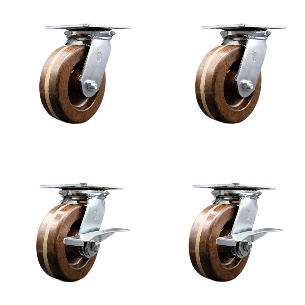 Heavy Duty Large Top Plate High Temperature Phenolic Swivel Caster with 6 x 2 in. Brown Wheels - 4800 lbs Total Capacity - Set of 4