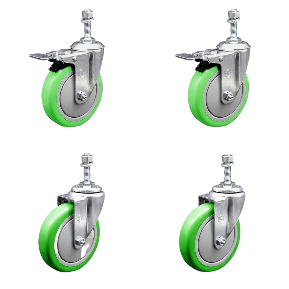 Stainless Steel Polyurethane Swivel Threaded Stem Caster with 5 x 1.25 in. Green Wheels & 0.38 in. Stems - Set of 4