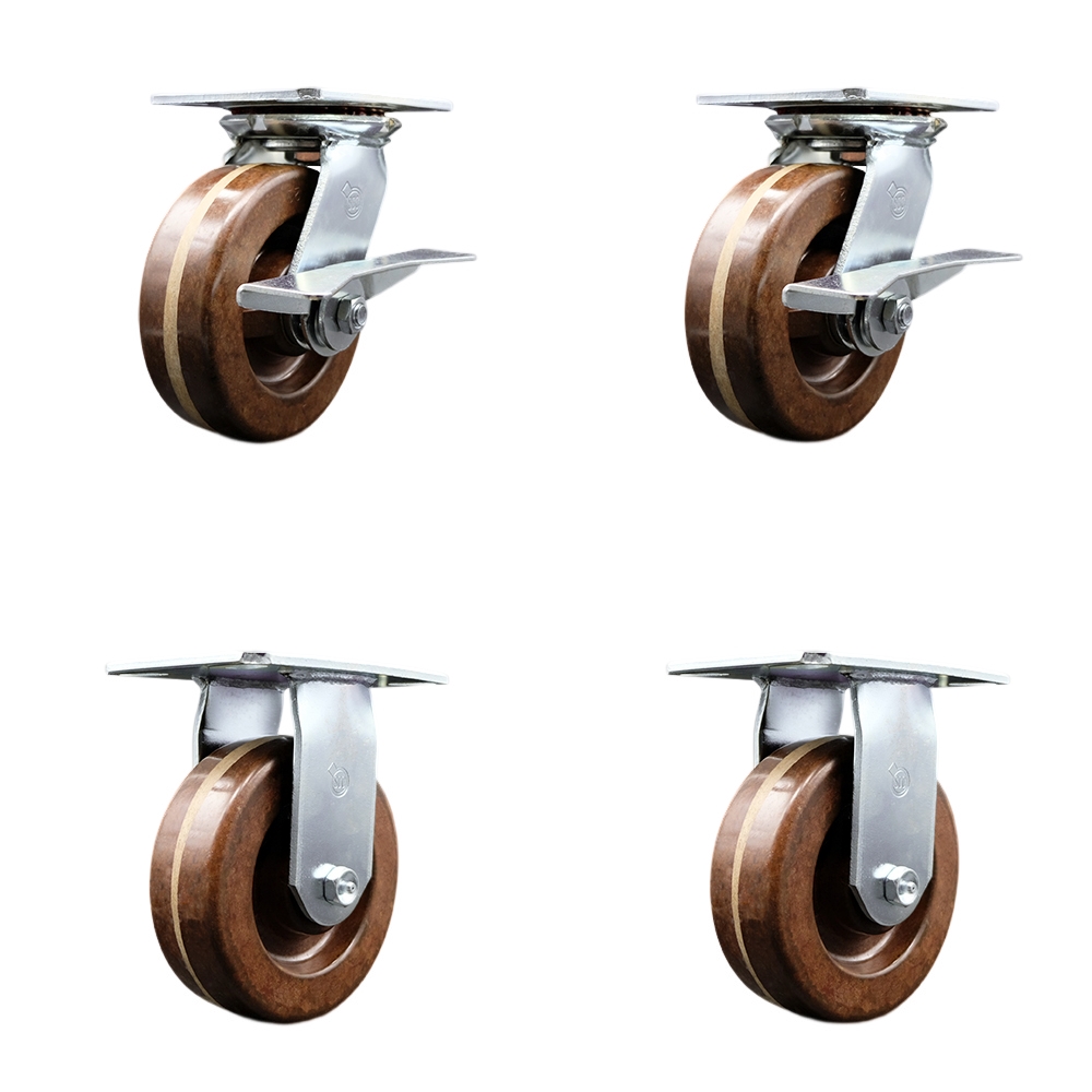 Heavy Duty Large Top Plate High Temperature Phenolic Swivel Caster with 6 x 2 in. Brown Wheels - 4800 lbs Total Capacity - Set of 4