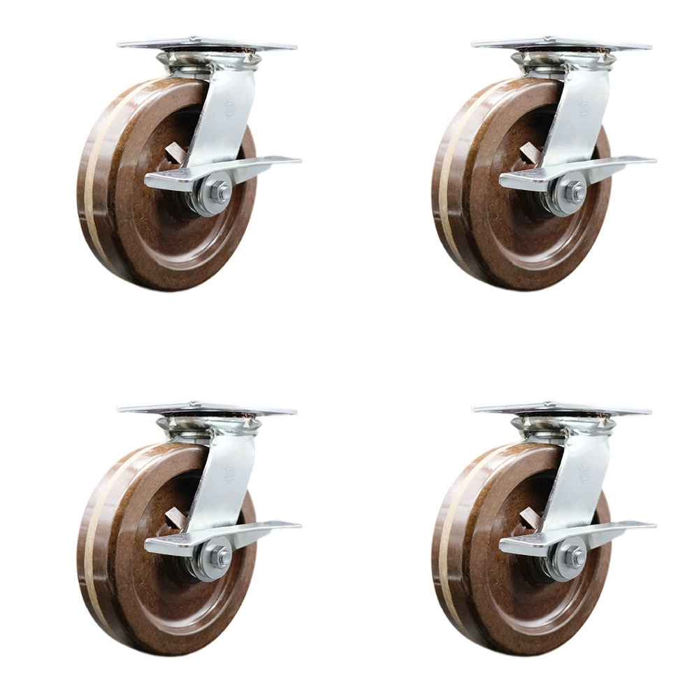 Heavy Duty Large Top Plate High Temperature Phenolic Swivel Caster with 8 x 2 in. Brown Wheels - 5000 lbs Total Capacity - Set of 4