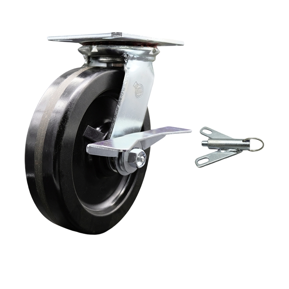 Heavy Duty Large Top Plate Phenolic Swivel Caster with 8 x 2 in. Black Wheel & Side Lock Brake & Bolt on Swivel Lock - 1250 lbs Capacity per Caster