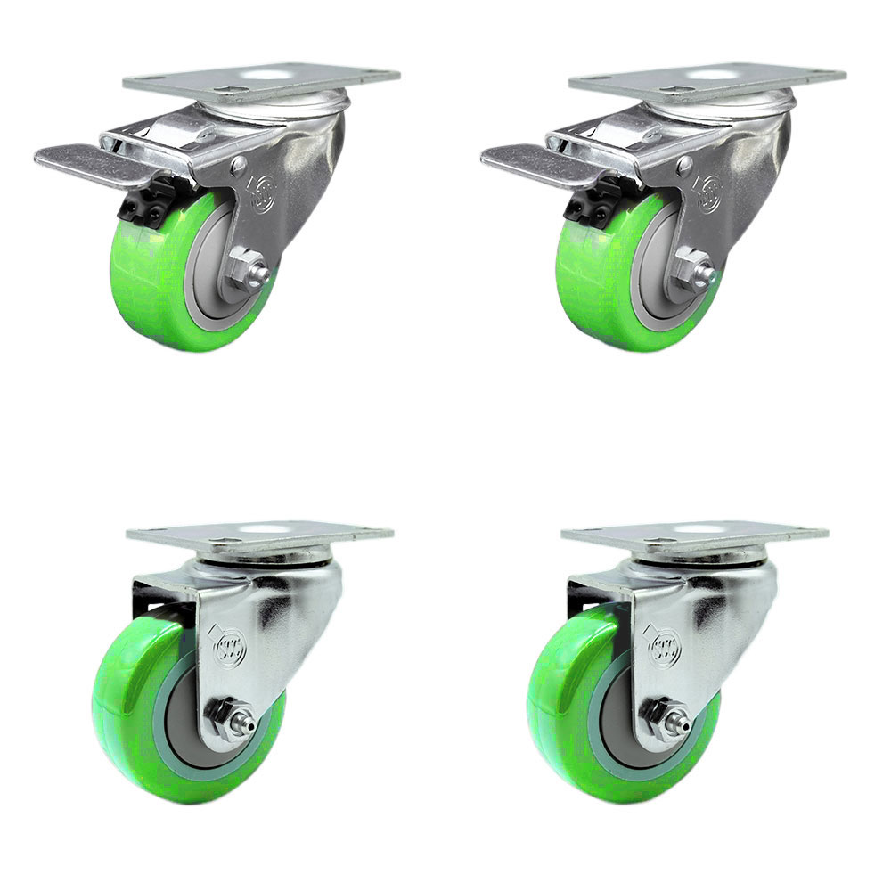 SCC-SSTTL20S3514-PPUB-GRN-2-S-2 Stainless Steel Polyurethane Swivel Top Plate Caster with 3.5 x 1.25 in. Green Wheels - Set of 4