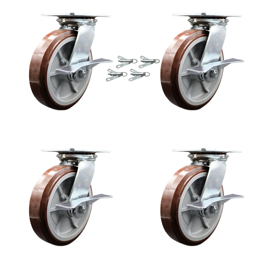 Heavy Duty Large Top Plate Polyurethane on Polyolefin Swivel Caster with 8 x 2 in. Maroon Wheels - 4000 lbs Total Capacity - Set of 4