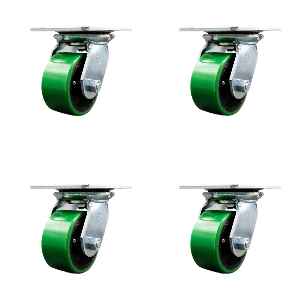 Heavy Duty Large Top Plate Polyurethane on Cast Iron Swivel Caster with 4 x 2 in. Green Wheels - 2800 lbs Total Capacity - Set of 4