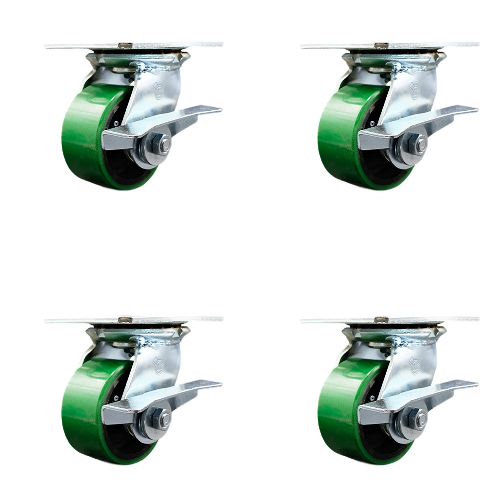 Heavy Duty Large Top Plate Polyurethane on Cast Iron Swivel Caster with 4 x 2 in. Green Wheels - 2800 lbs Total Capacity - Set of 4