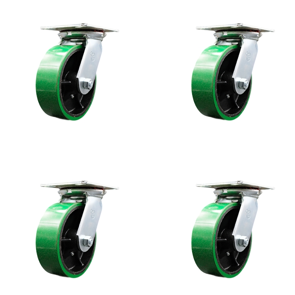 Heavy Duty Large Top Plate Polyurethane on Cast Iron Swivel Caster with 6 x 2 in. Green Wheels - 4800 lbs Total Capacity - Set of 4
