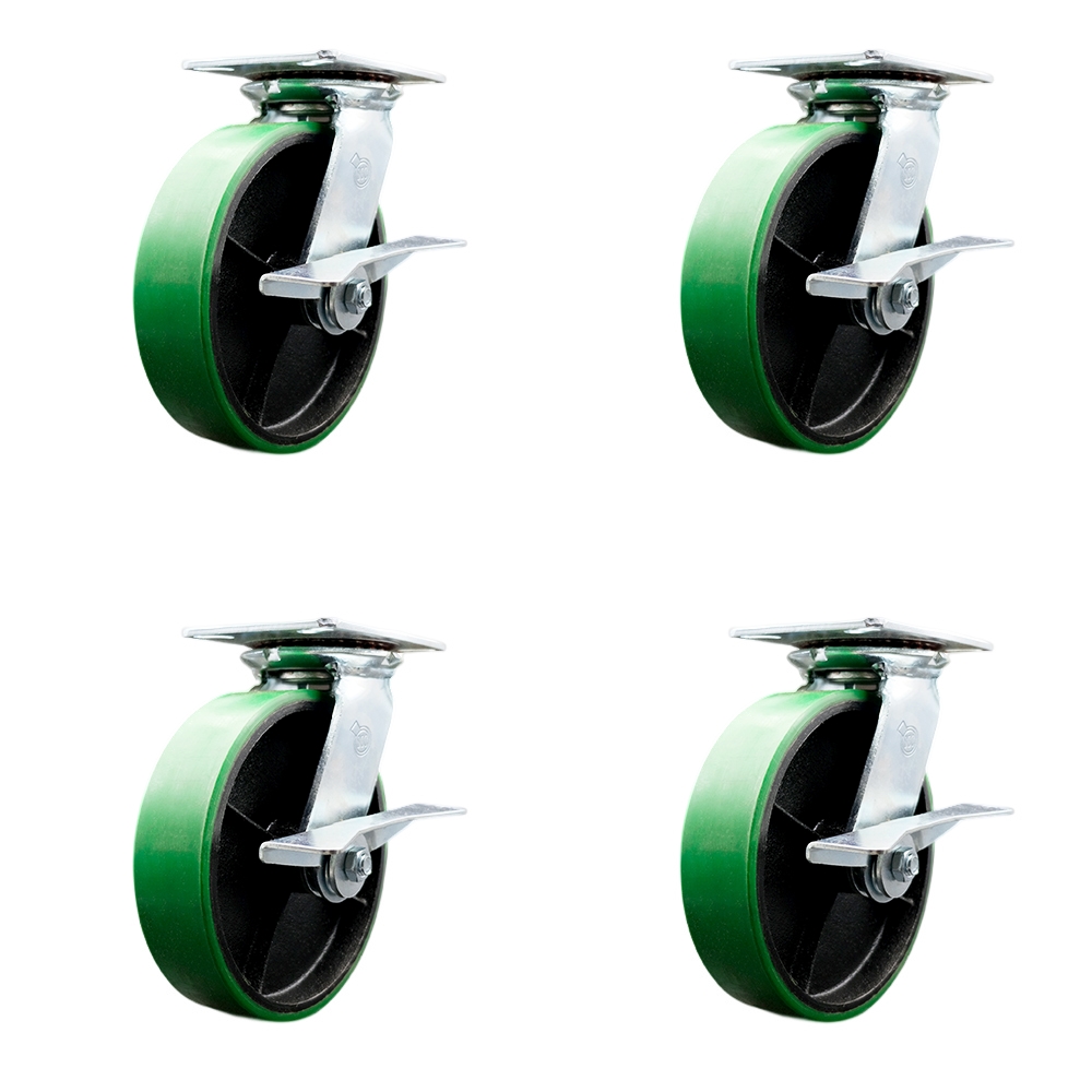 Heavy Duty Large Top Plate Polyurethane on Cast Iron Swivel Caster with 8 x 2 in. Green Wheels - 5000 lbs Total Capacity - Set of 4