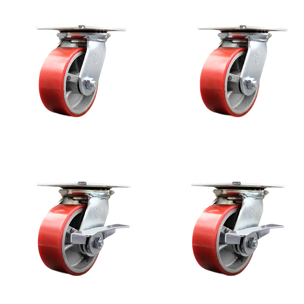 Heavy Duty Large Top Plate Polyurethane on Cast Iron Swivel Caster with 5 x 2 in. Red Wheels - 3600 lbs Total Capacity - Set of 4