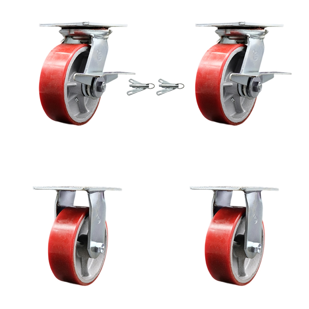 Heavy Duty Large Top Plate Polyurethane on Cast Iron Swivel Caster with 6 x 2 in. Red Wheels - 4800 lbs Total Capacity - Set of 4