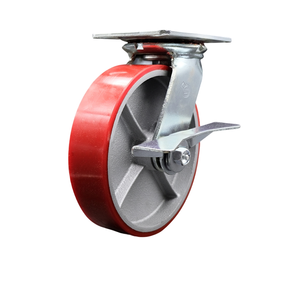 Heavy Duty Large Top Plate Polyurethane on Cast Iron Swivel Caster with 8 x 2 in. Red Wheel & Side Lock Brake - 1250 lbs Capacity per Caster