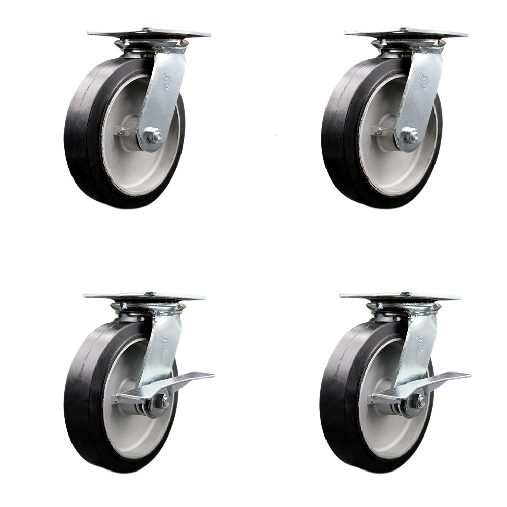Heavy Duty Large Top Plate Rubber on Aluminum Swivel Caster with 8 x 2 in. Black Wheels - 2400 lbs Total Capacity - Set of 4