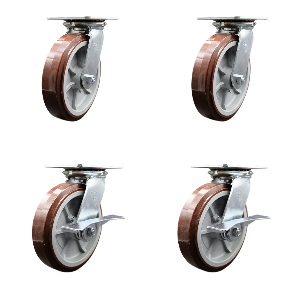 Heavy Duty Large Top Plate Polyurethane on Polyolefin Swivel Caster with 8 x 2 in. Maroon Wheels - 4000 lbs Capacity - Set of 4