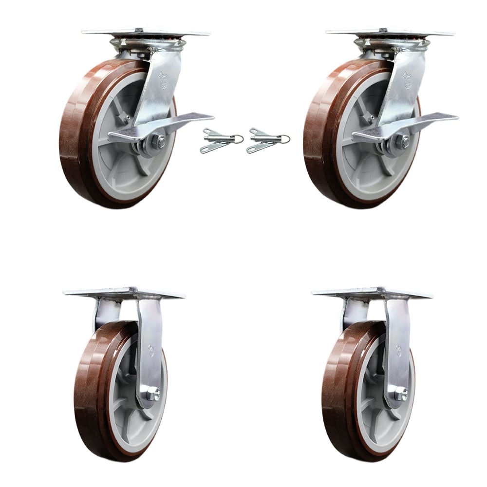 Heavy Duty Large Top Plate Polyurethane on Polyolefin Swivel Caster with 8 x 2 in. Maroon Wheels - 4000 lbs Capacity - Set of 4