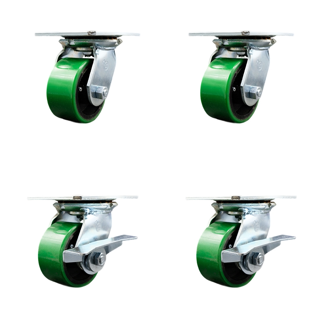 Heavy Duty Large Top Plate Polyurethane on Cast Iron Swivel Caster with 4 x 2 in. Green Wheels - 2800 lbs Total Capacity - Set of 4