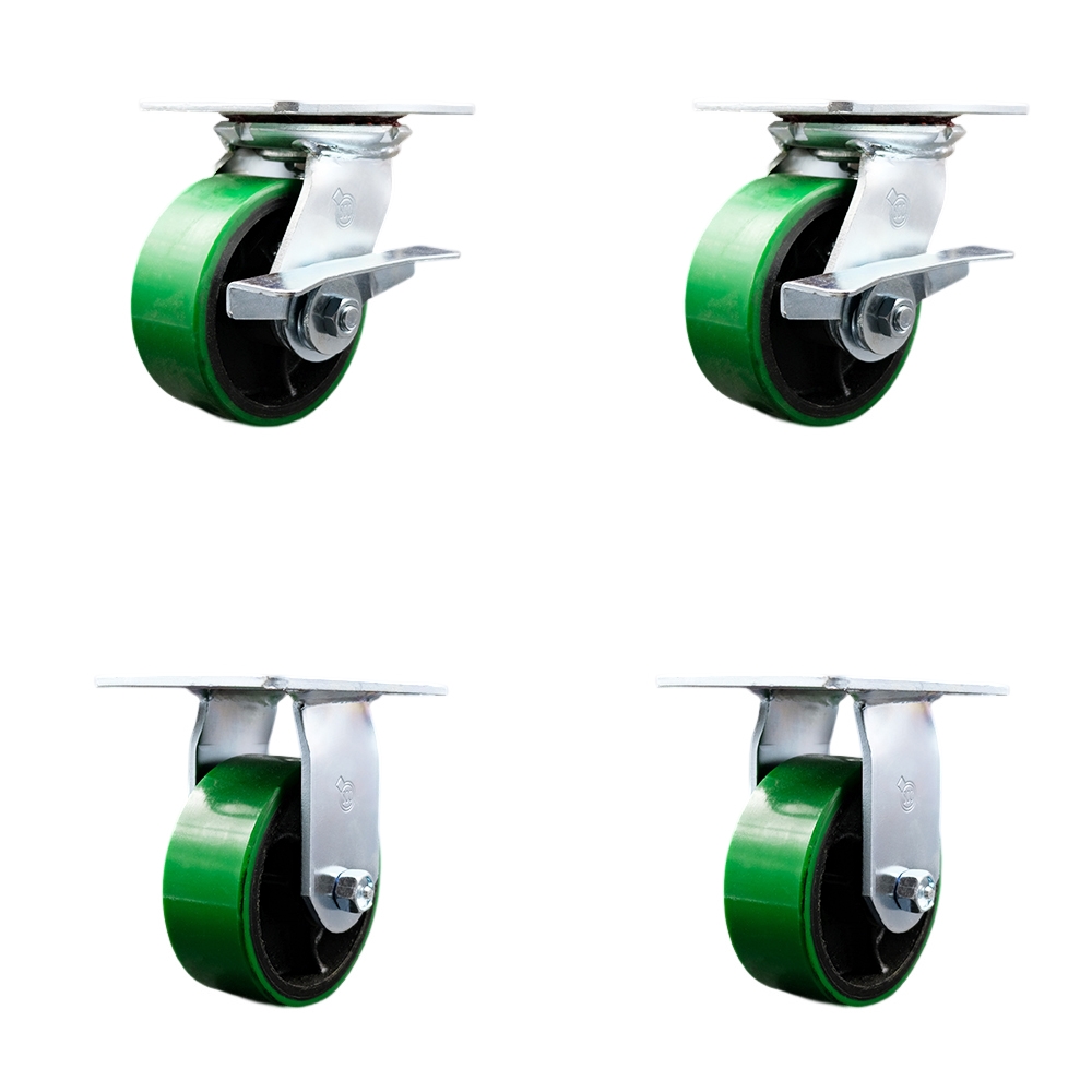Heavy Duty Large Top Plate Polyurethane on Cast Iron Swivel Caster with 5 x 2 in. Green Wheels - 3600 lbs Total Capacity - Set of 4