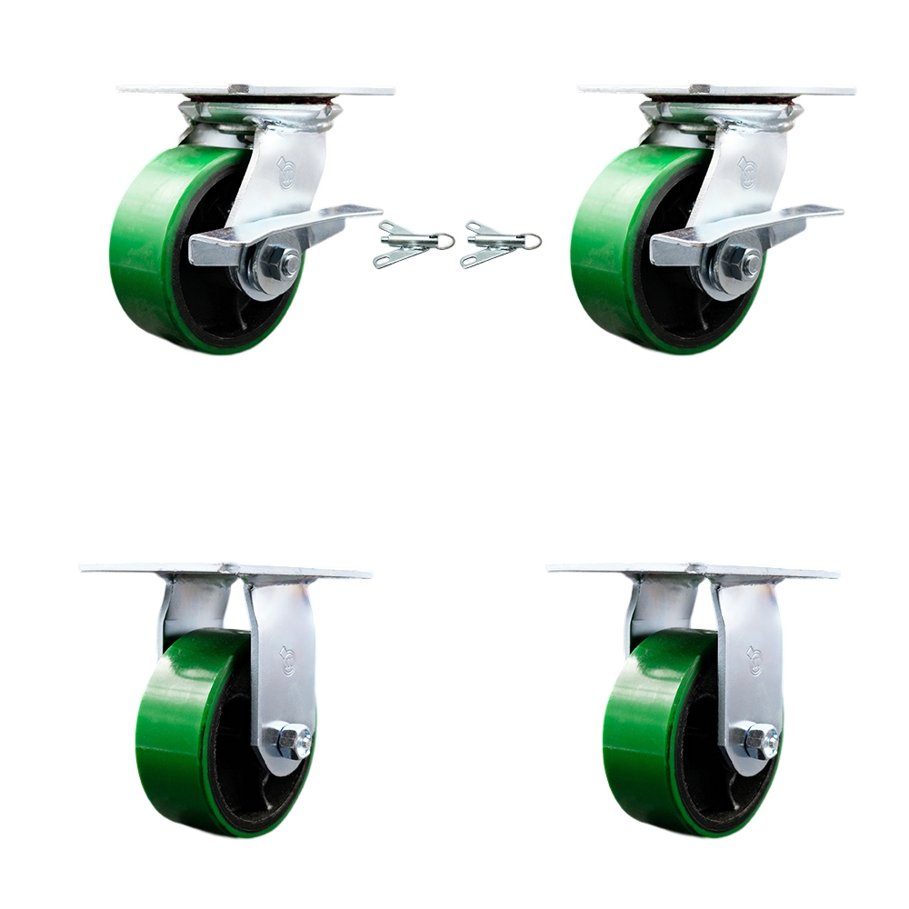 Heavy Duty Large Top Plate Polyurethane on Cast Iron Swivel Caster with 5 x 2 in. Green Wheels - 3600 lbs Capacity - Set of 4