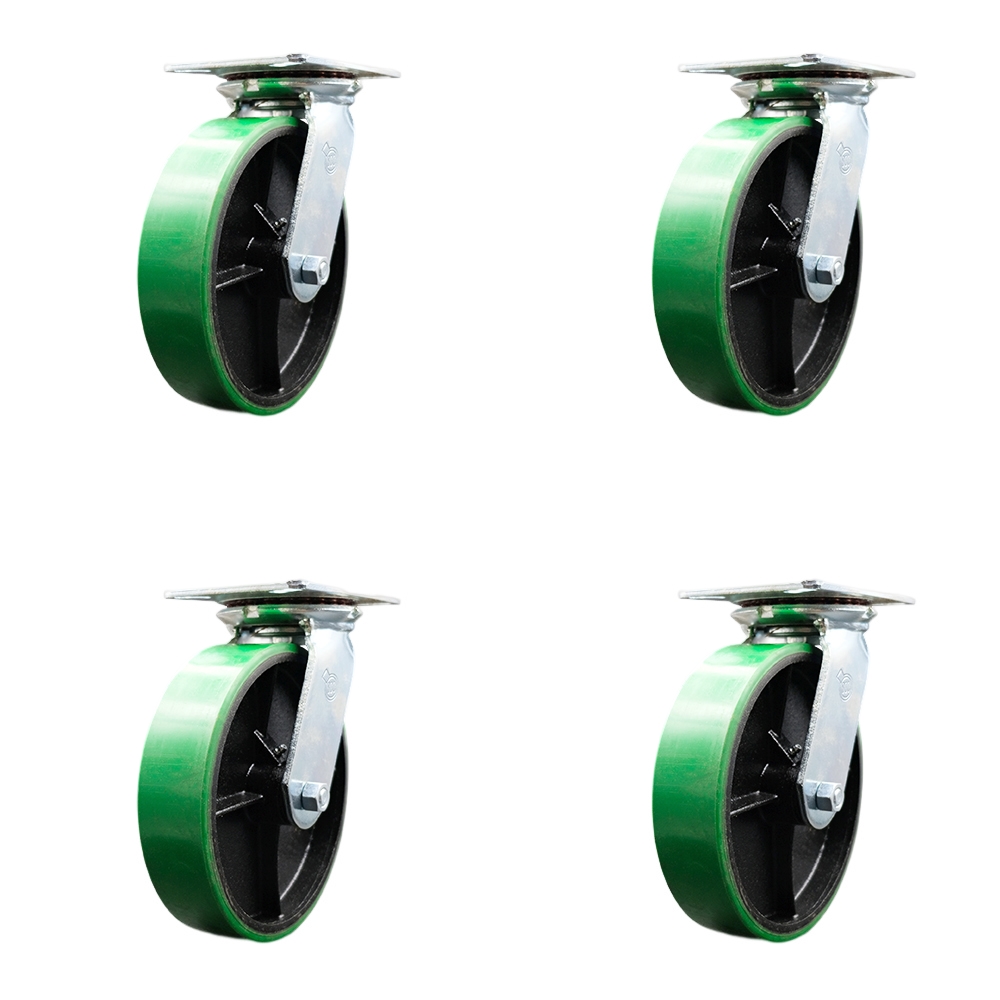 Heavy Duty Large Top Plate Polyurethane on Cast Iron Swivel Caster with 8 x 2 in. Green Wheels - 5000 lbs Total Capacity - Set of 4