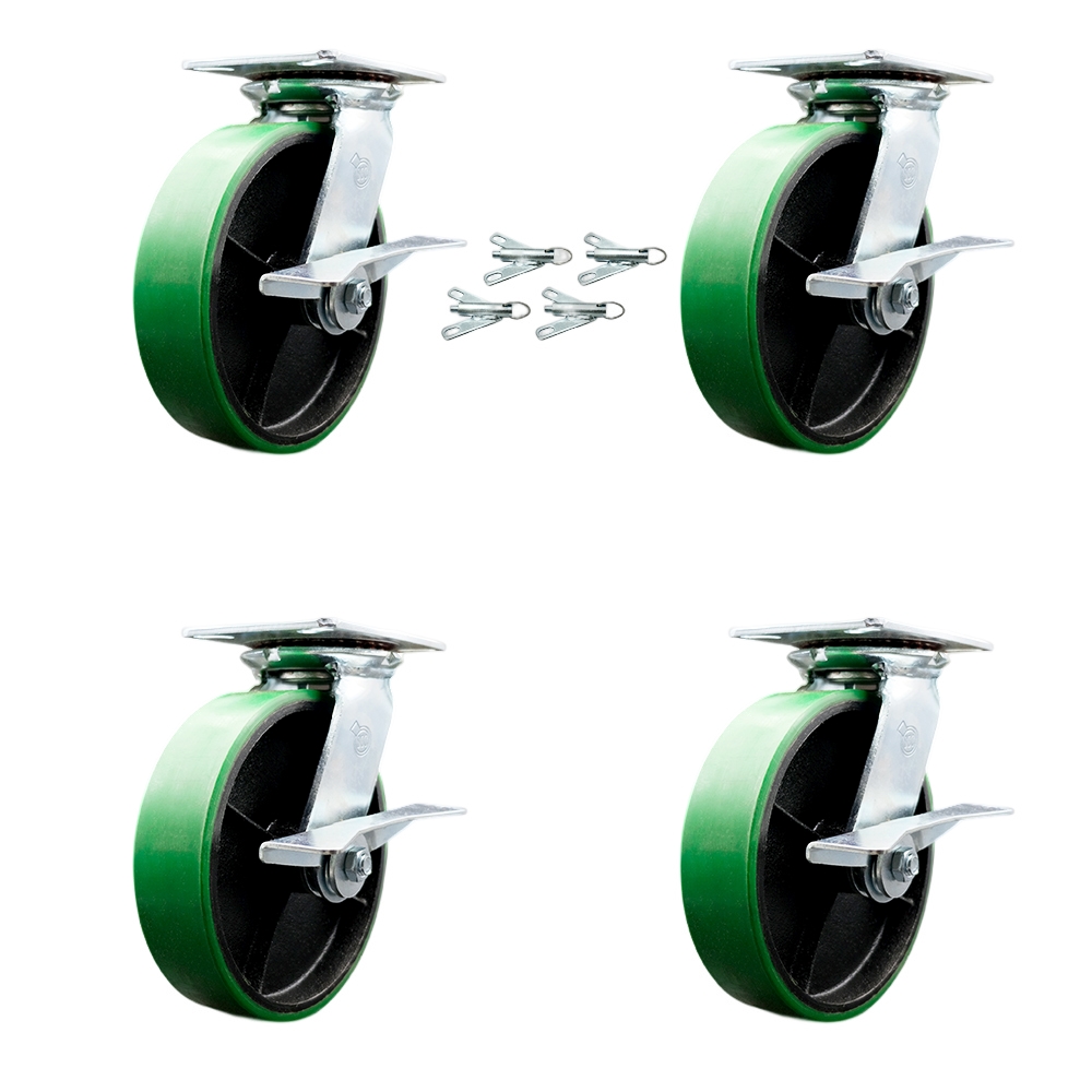 Heavy Duty Large Top Plate Polyurethane on Cast Iron Swivel Caster with 8 x 2 in. Green Wheels - 5000 lbs Capacity - Set of 4