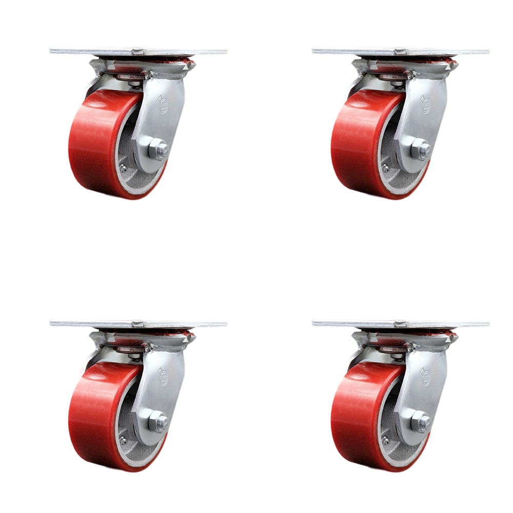 SCC-35S420-PUR-RS-4 Heavy Duty Large Top Plate Polyurethane on Cast Iron Swivel Caster with 4 x 2 in. Red Wheels - 2800 lbs Total Capacity - Set of 4
