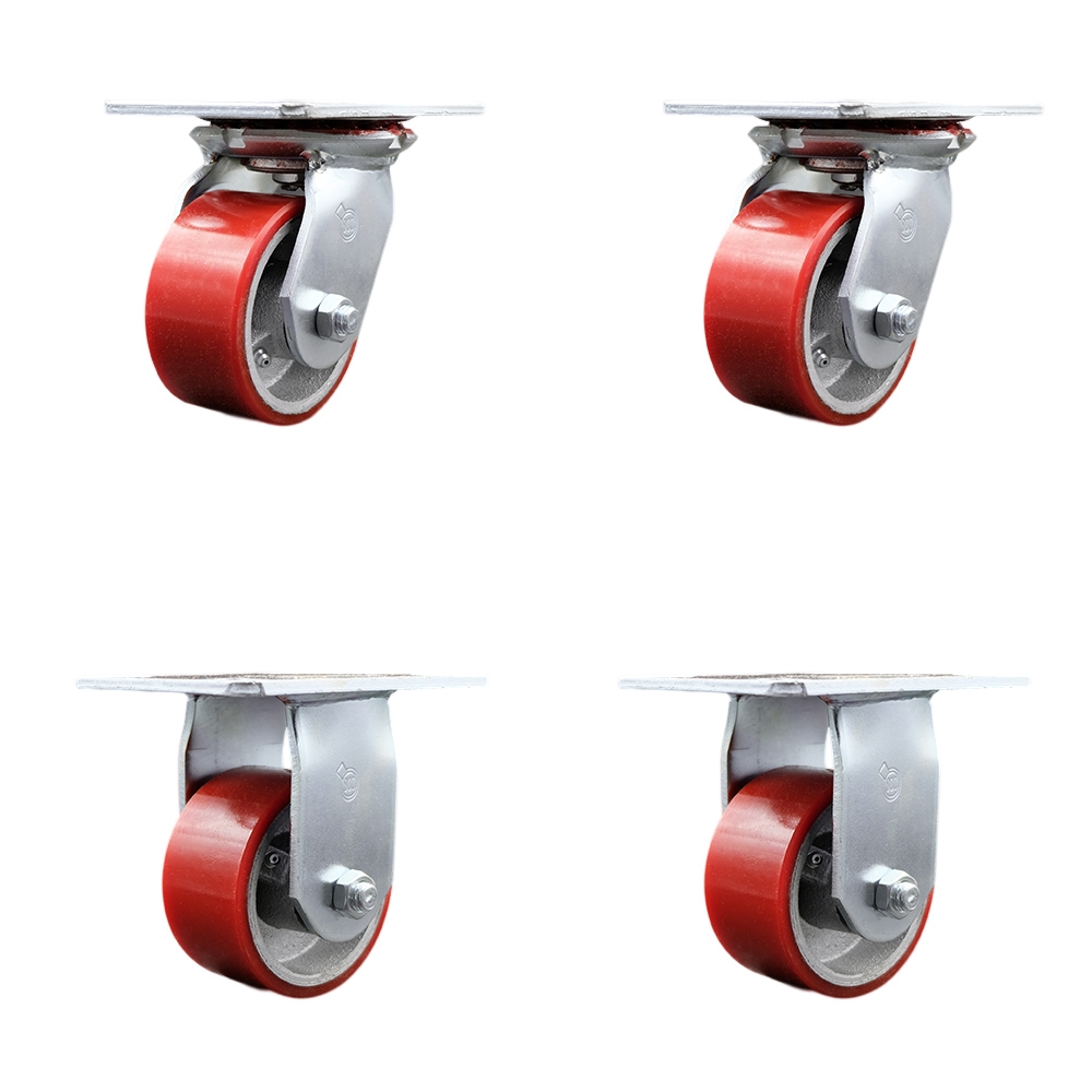 Heavy Duty Large Top Plate Polyurethane on Cast Iron Swivel Caster with 4 x 2 in. Red Wheels - 2800 lbs Total Capacity - Set of 4