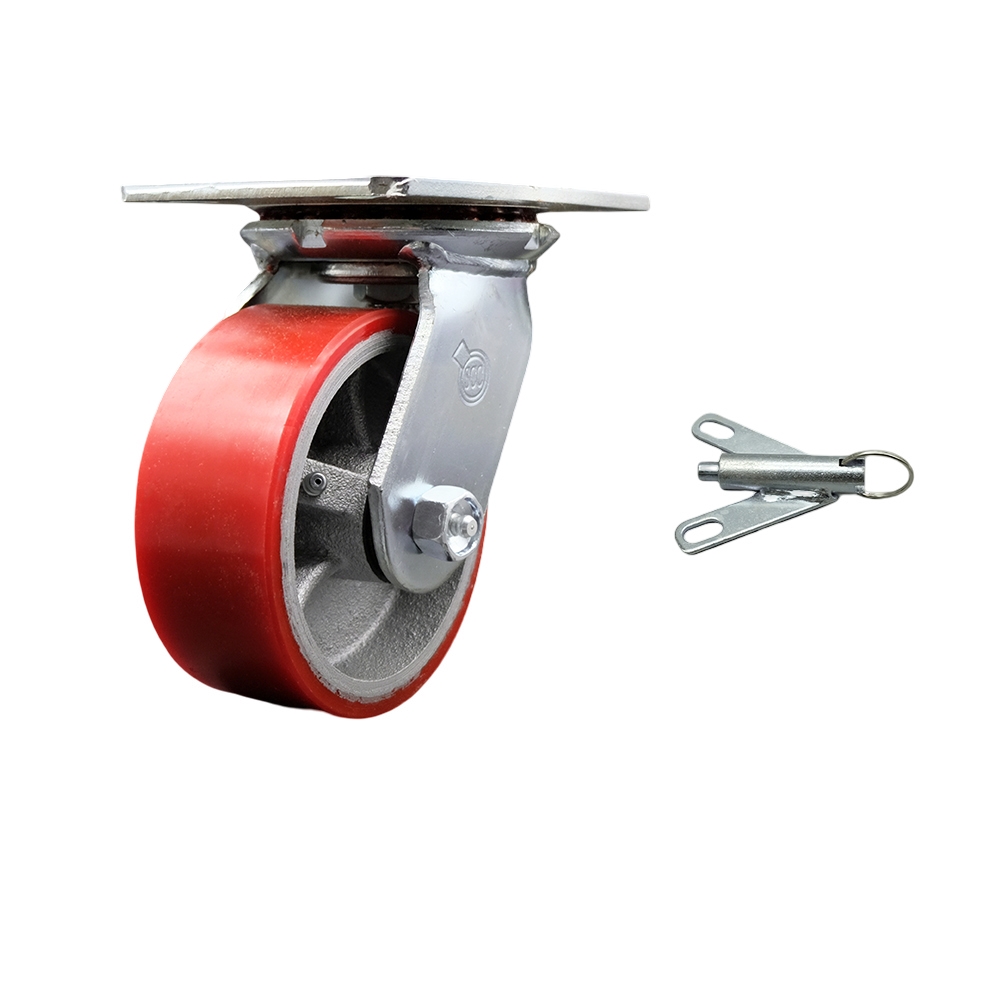 Heavy Duty Large Top Plate Polyurethane on Cast Iron Swivel Caster with 5 x 2 in. Red Wheel & Bolt on Swivel Lock - 900 lbs Capacity per Caster