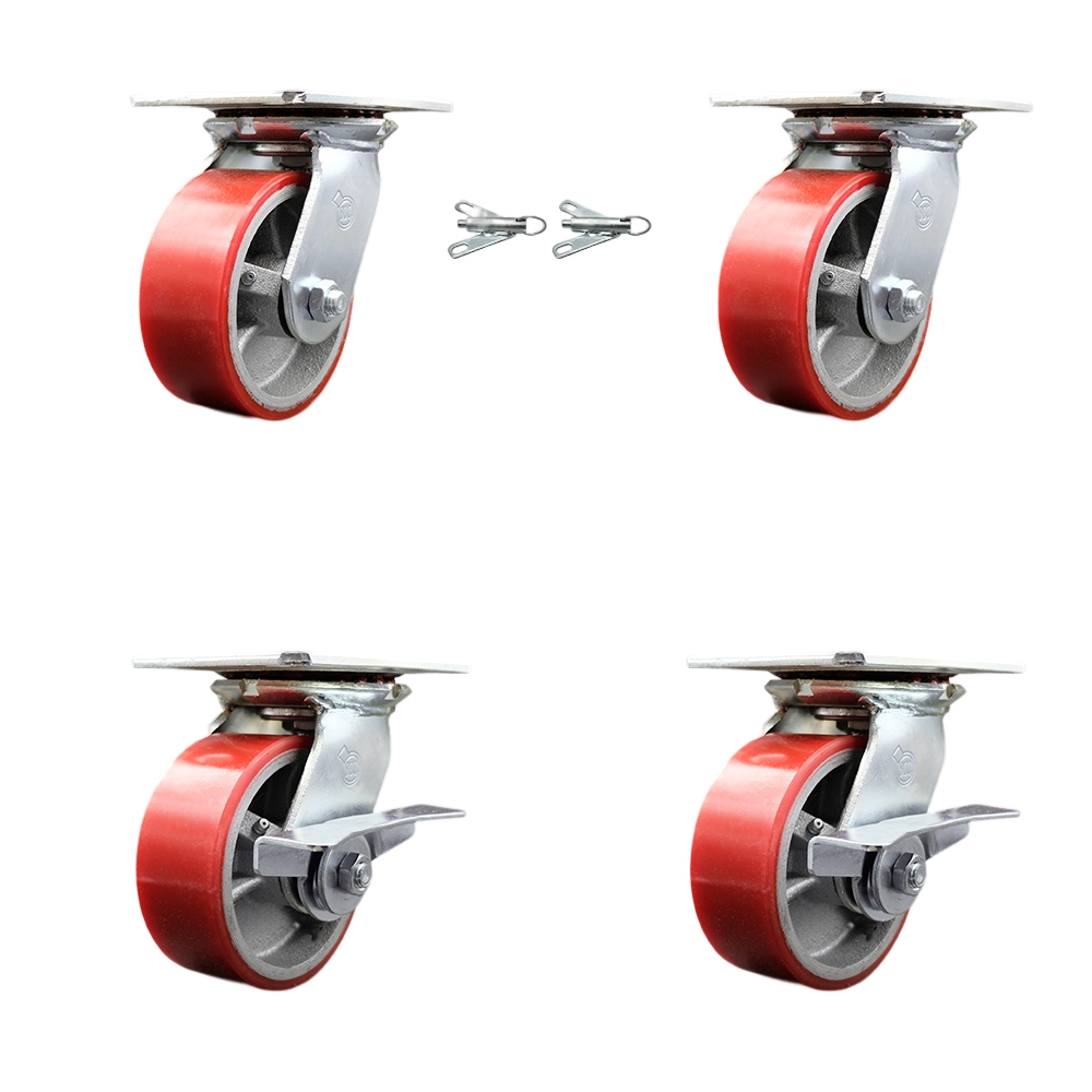 Heavy Duty Large Top Plate Polyurethane on Cast Iron Swivel Caster with 5 x 2 in. Red Wheels - 3600 lbs Capacity - Set of 4