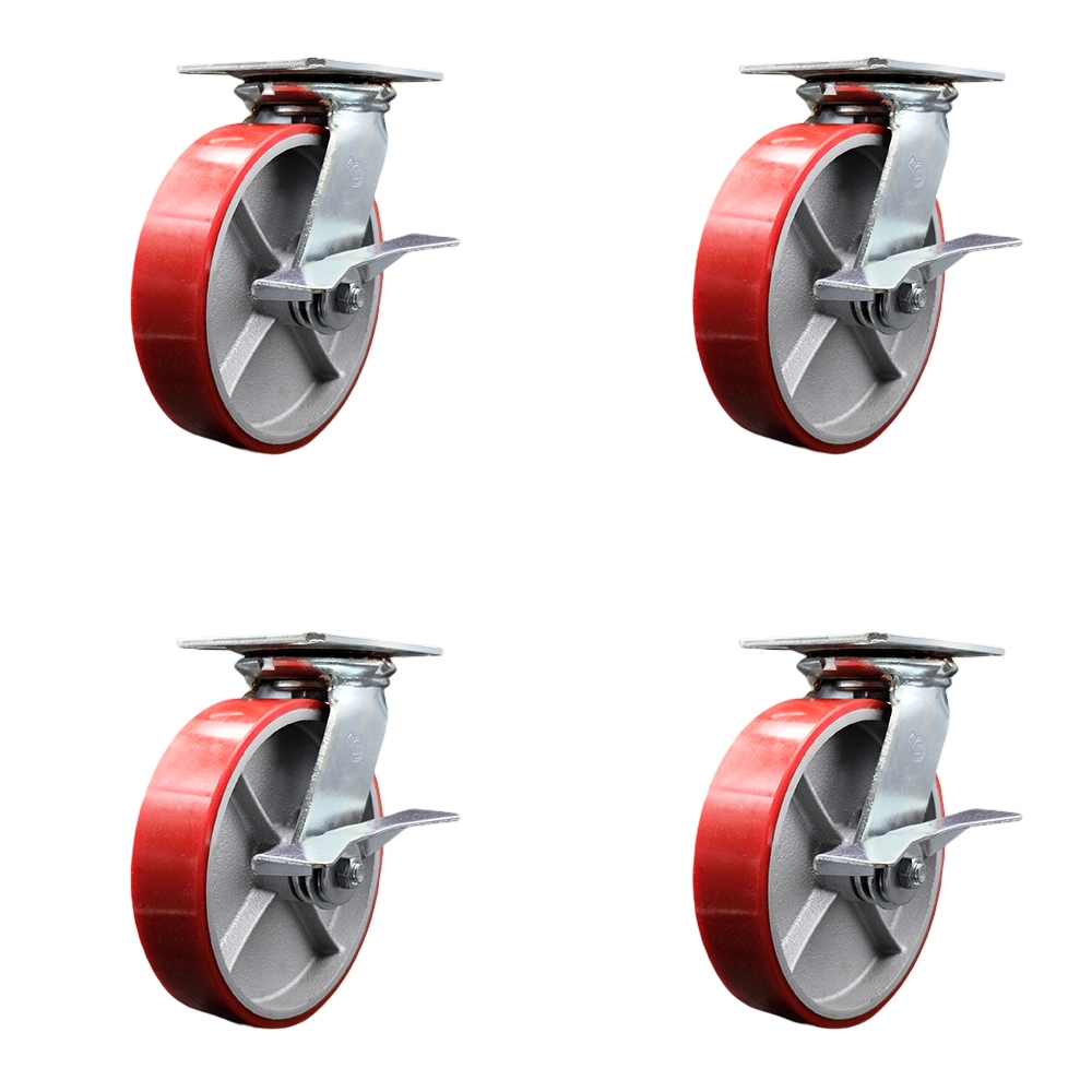 Heavy Duty Large Top Plate Polyurethane on Cast Iron Swivel Caster with 8 x 2 in. Red Wheels - 5000 lbs Total Capacity - Set of 4