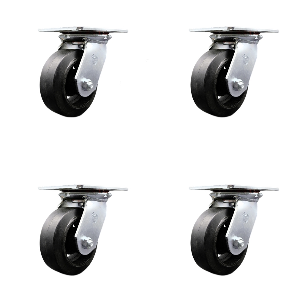 SCC-35S520-RSR-BSL-4 Heavy Duty Large Top Plate Rubber on Cast Iron Swivel Caster with 5 x 2 in. Black Wheels - 1600 lbs Total Capacity - Set of 4