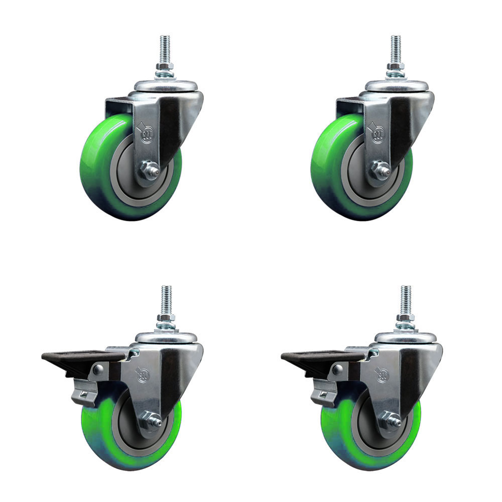 SCC-TS20S3514-PPUB-GRN-381615-2-PLB-2 Polyurethane Swivel Threaded Stem Caster with 3.5 x 1.25 in. Green Wheels & 0.38 in. Stems - Set of 4