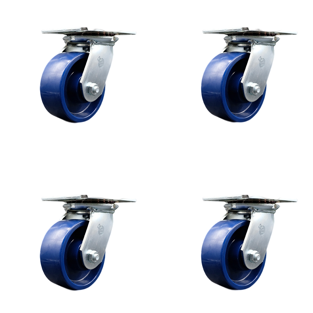 SCC-35S520-SPUR-4 Heavy Duty Large Top Plate Solid Polyurethane Swivel Caster with 5 x 2 in. Blue Wheels - 4000 lbs Total Capacity - Set of 4