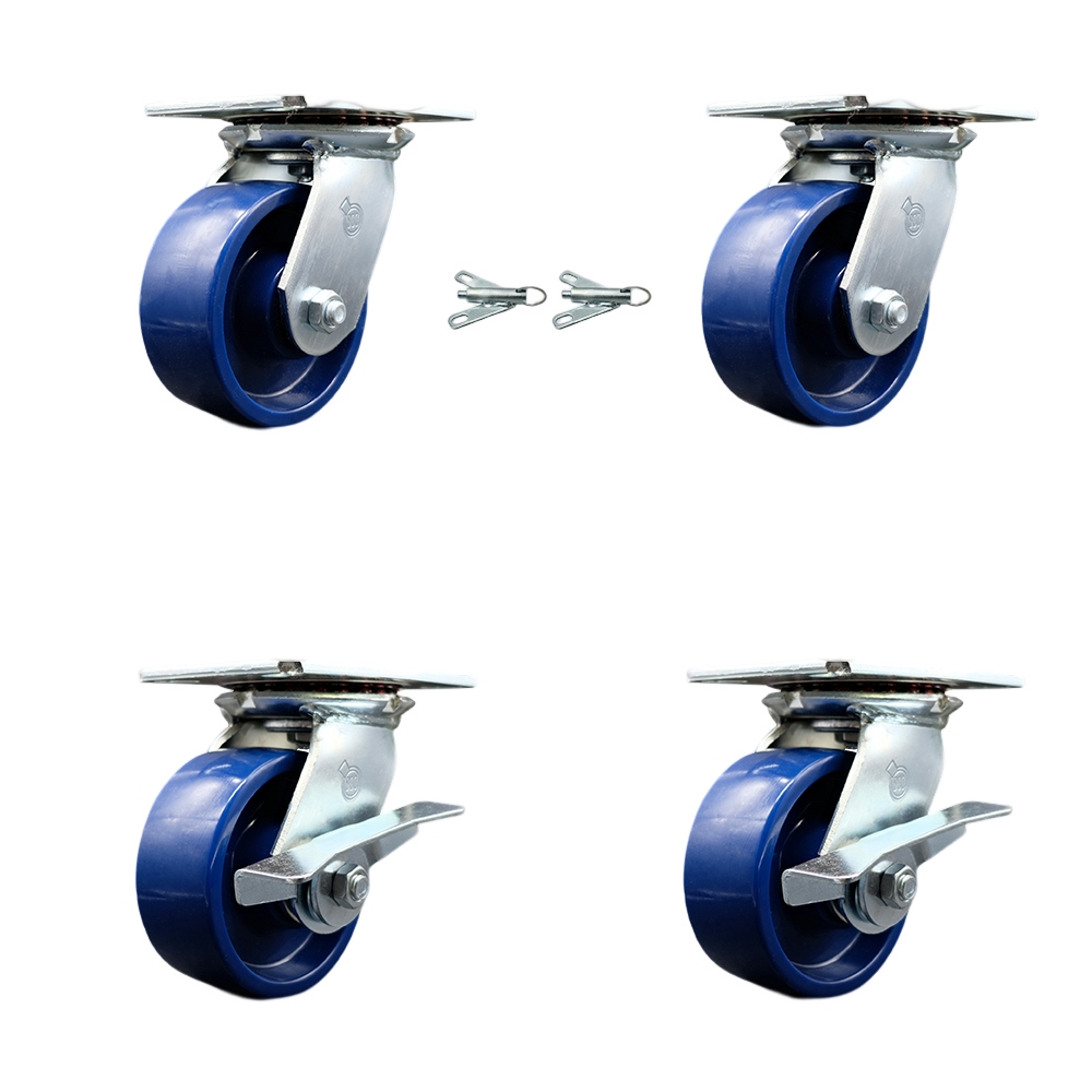 Heavy Duty Large Top Plate Solid Polyurethane Swivel Caster with 5 x 2 in. Blue Wheels - 4000 lbs Capacity - Set of 4
