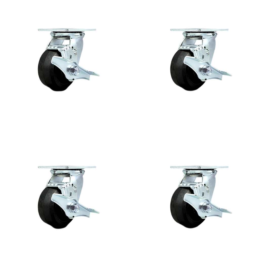 SCC-30CS420-RSB-TLB-4 Heavy Duty Swivel Caster with 4 in. Rubber on Metal Wheels & Ball Bearings - 1600 lbs Total Capacity - Set of 4