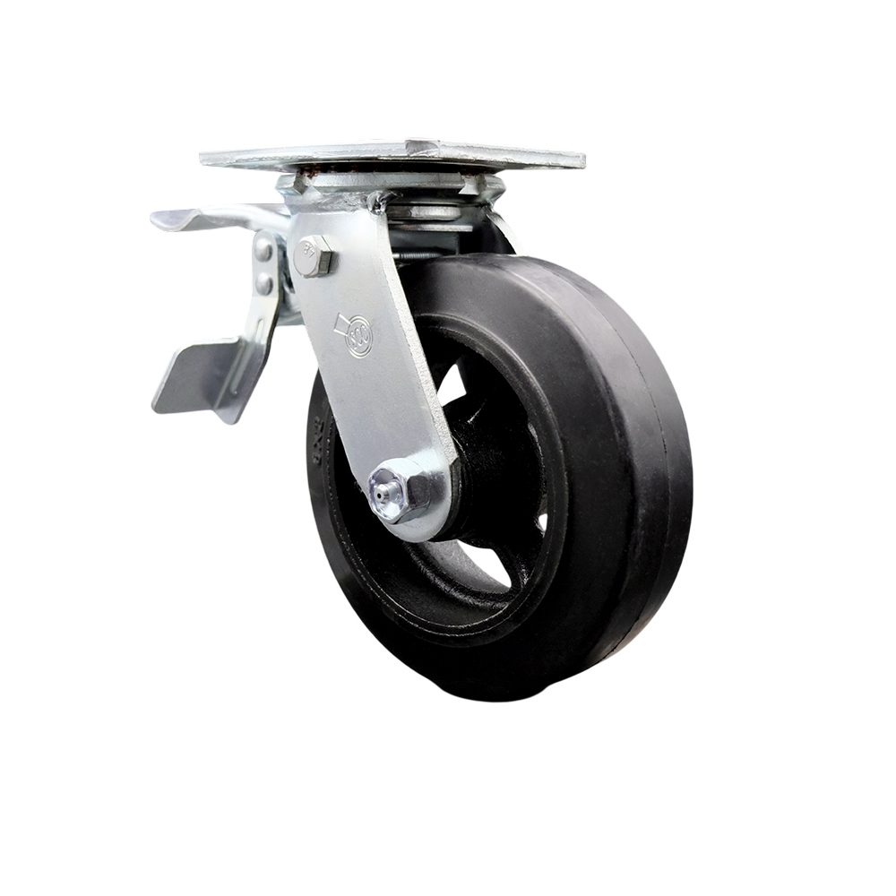 Heavy Duty Swivel Top Plate Caster with Total Lock Brake & 6 in. Rubber on Metal Wheel with Ball Bearings - 450 lbs Capacity per Caster