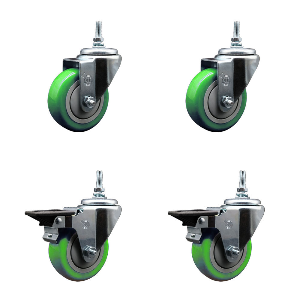 SCC-TS20S3514-PPUB-GRN-M1215-2-PLB-2 Polyurethane Swivel Threaded Stem Caster with 3.5 x 1.25 in. Green Wheels & 12 mm Stems - Set of 4