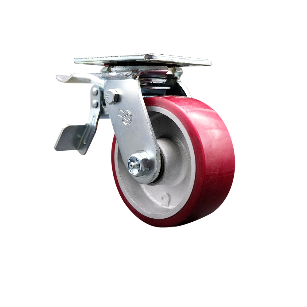 Heavy Duty Swivel Top Plate Caster with Total Lock Brake & 5 in. Polyurethane on Aluminum Wheel with Ball Bearings - 900 lbs Capacity per Caster