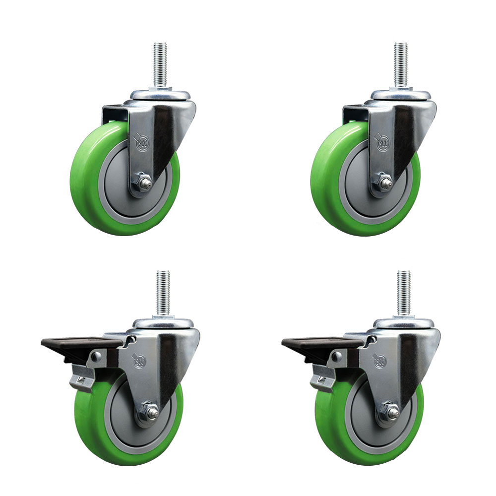 SCC-TS20S414-PPUB-GRN-34212-2-PLB-2 Polyurethane Swivel Threaded Stem Caster with 4 x 1.25 in. Green Wheels & 0.75 in. Stems - Set of 4