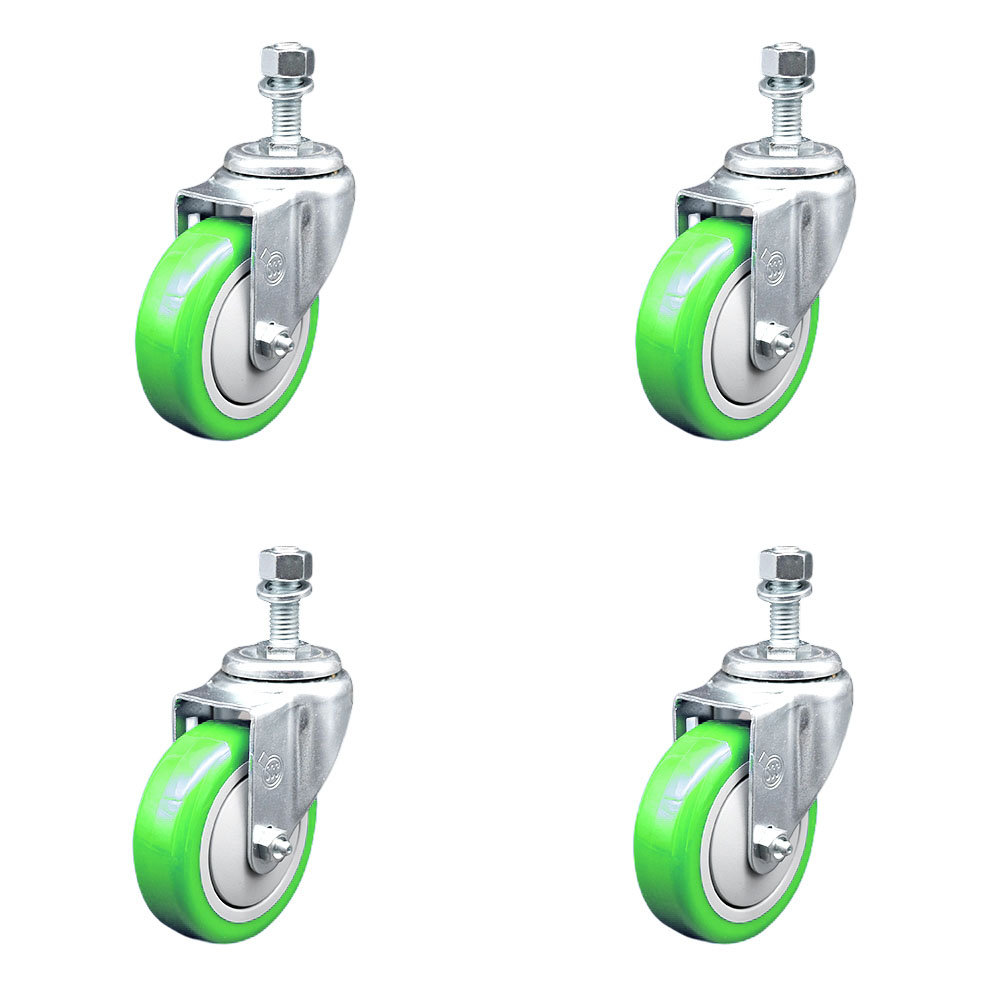 SCC-TS20S414-PPUB-GRN-M1215-4 Polyurethane Swivel Threaded Stem Caster with 4 x 1.25 in. Green Wheels & 12 mm Stems - Set of 4