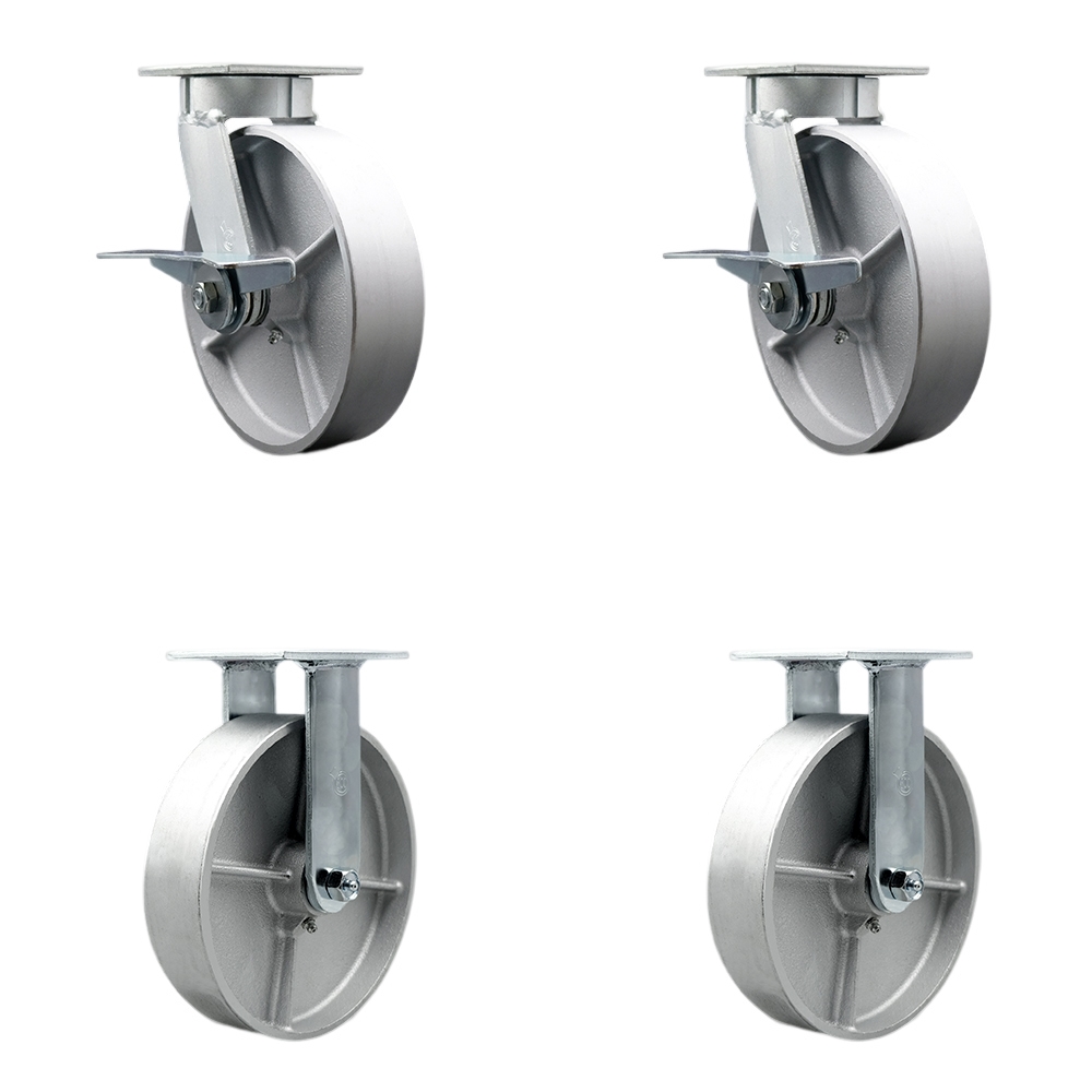 SCC-KP30S820-SSR-SLB-2-R-2 Kingpinless Semi Steel Cast Iron Swivel Top Plate Caster with 8 x 2 in. Silver Wheels - 5000 lbs Total Capacity - Set of 4