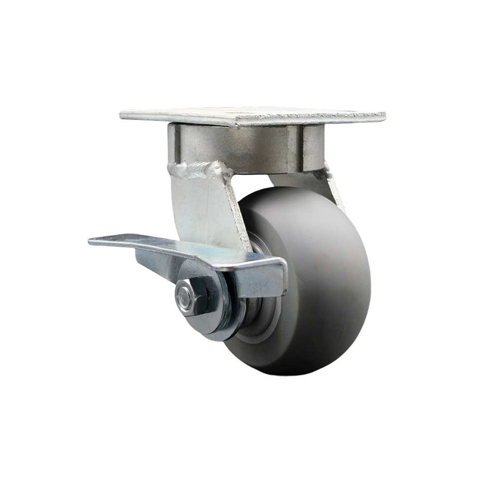Kingpinless Thermo Rubber Donut Tread Swivel Top Plate Caster with 4 x 2 in. Gray Wheel & Side Lock Brake - 300 lbs Capacity per Caster