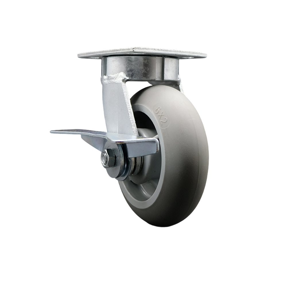 Kingpinless Thermo Rubber Donut Tread Swivel Top Plate Caster with 6 x 2 in. Gray Wheel & Side Lock Brake - 500 lbs Capacity per Caster