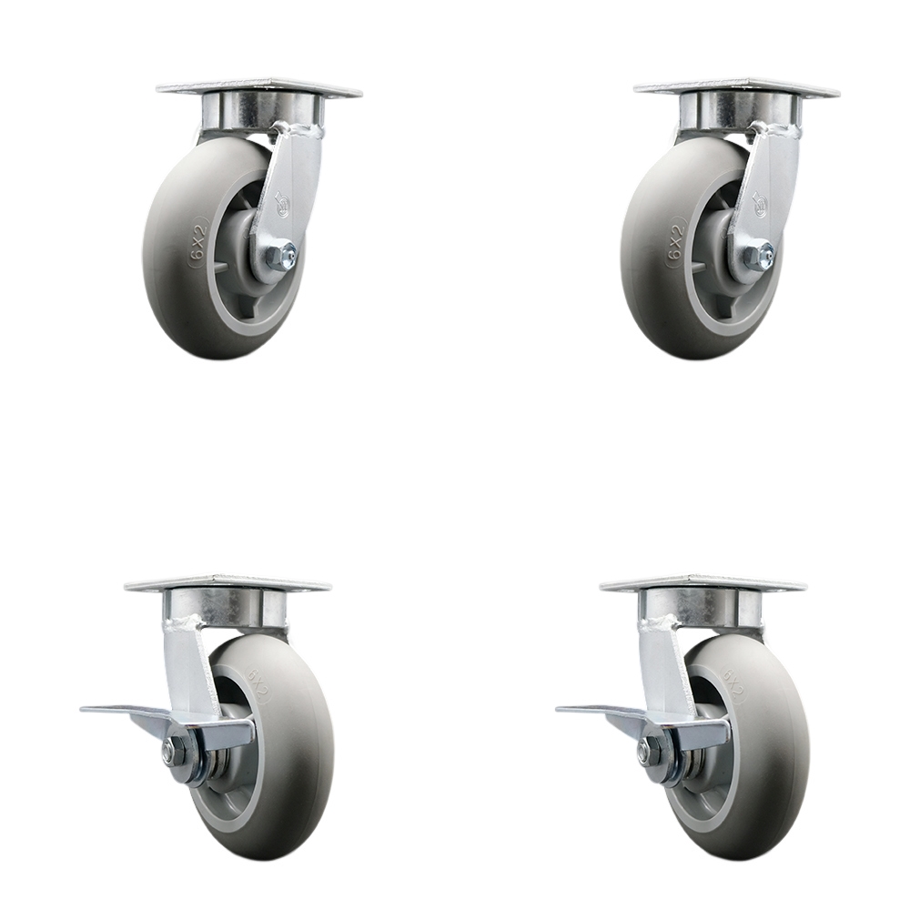 Kingpinless Thermo Rubber Donut Tread Swivel Top Plate Caster with 6 x 2 in. Gray Wheels - 2000 lbs Total Capacity - Set of 4