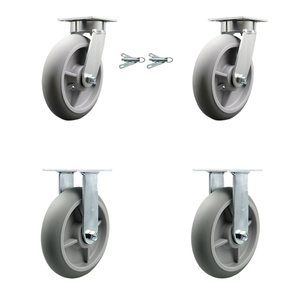 Kingpinless Thermo Rubber Donut Tread Swivel Top Plate Caster with 8 x 2 in. Gray Wheels - 2400 lbs Total Capacity - Set of 4