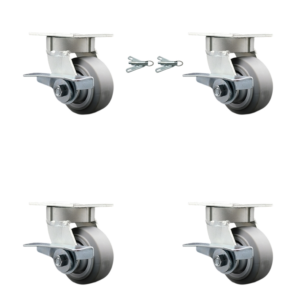 Kingpinless Thermo Rubber Flat Tread Swivel Top Plate Caster with 4 x 2 in. Gray Wheels - 1200 lbs Capacity - Set of 4