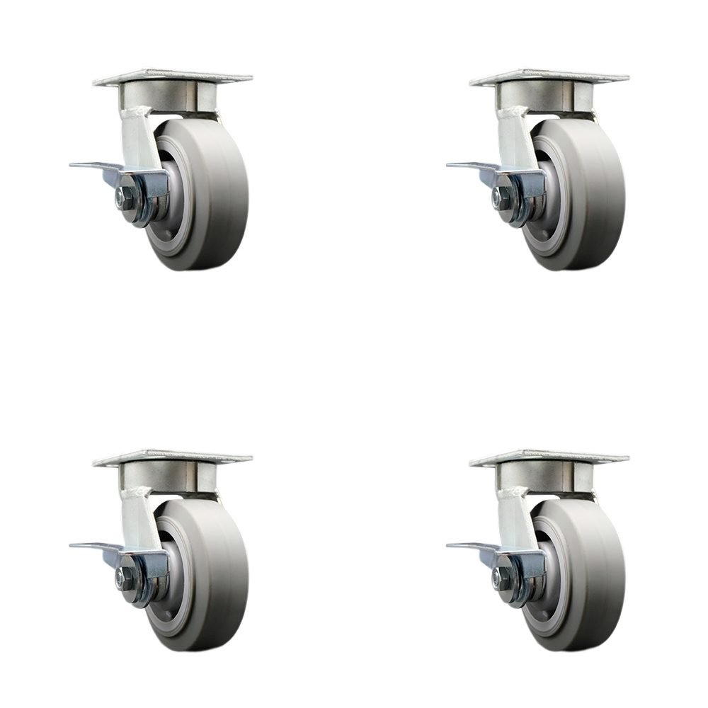 SCC-KP30S520-TPRRF-SLB-4 Kingpinless Thermo Rubber Flat Tread Swivel Top Plate Caster with 5 x 2 in. Gray Wheels - 1400 lbs Total Capacity - Set of 4